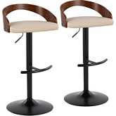 Grotto Adjustable Swivel Bar Stool in Black Metal, Walnut Wood & Cream Leatherette (Set of 2)